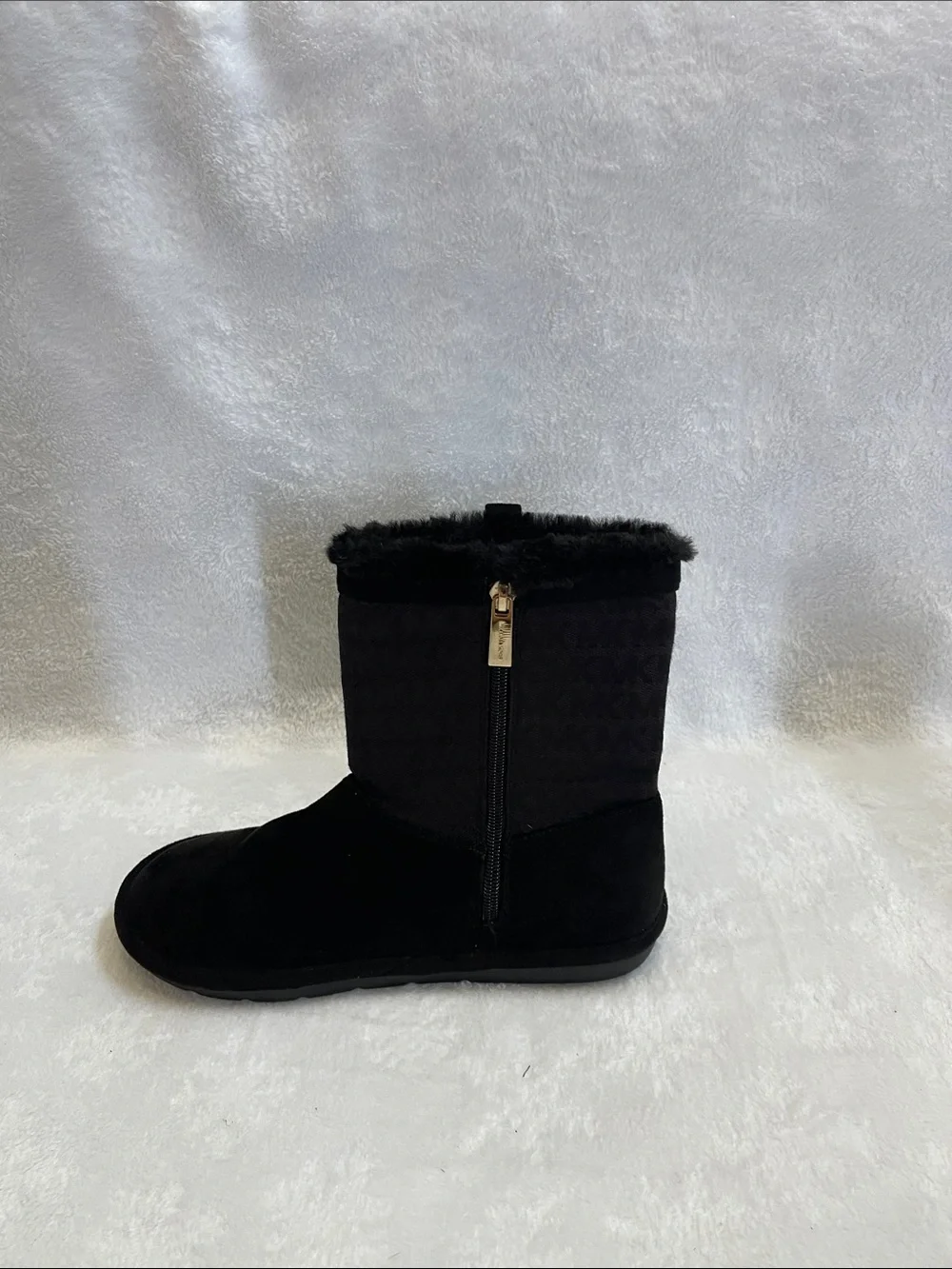 Michael Kors Black Suede Faux-Fur Mid-Calf Boots with Gold Logo